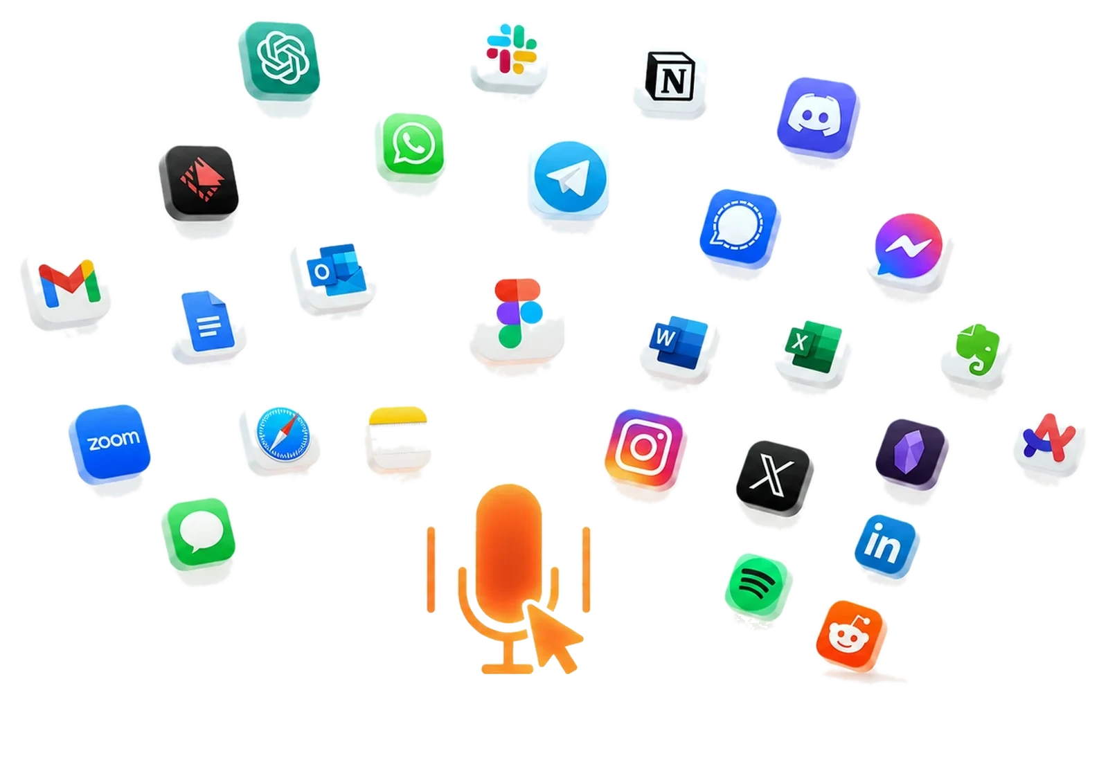 App icons around the VoiceClick mic — ChatGPT, Slack, Notion, WhatsApp, Gmail and more
